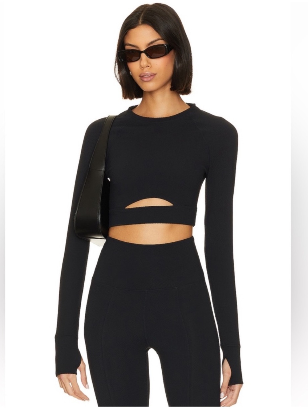 Beach Riot Francine Top Size Medium Black Long Sleeve Waffle Knit Cut Out